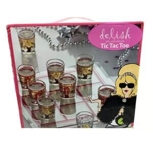Vintage Delish Tic Tac Toe Party Game Girls Night Out Shot glasses & Glass Tray